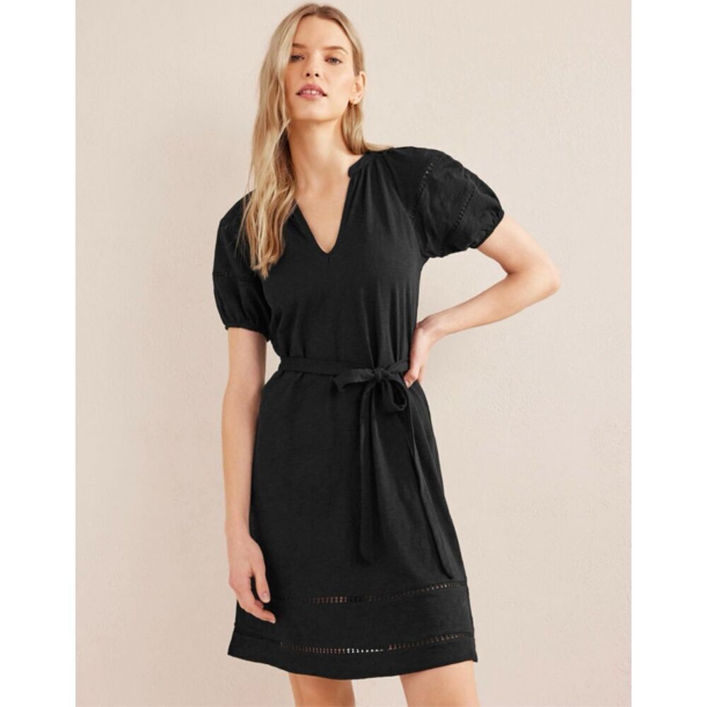 Boden Trim Detail Jersey Mini Dress Black Women’s 14R Short Sleeve Cotton Boho